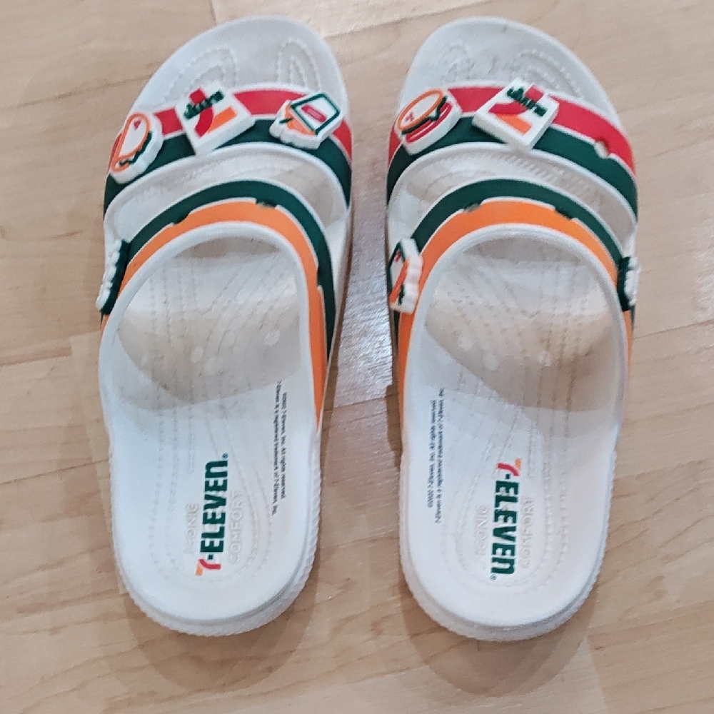 7-11 Special Edition White and Orange Slide Sandals with Charms